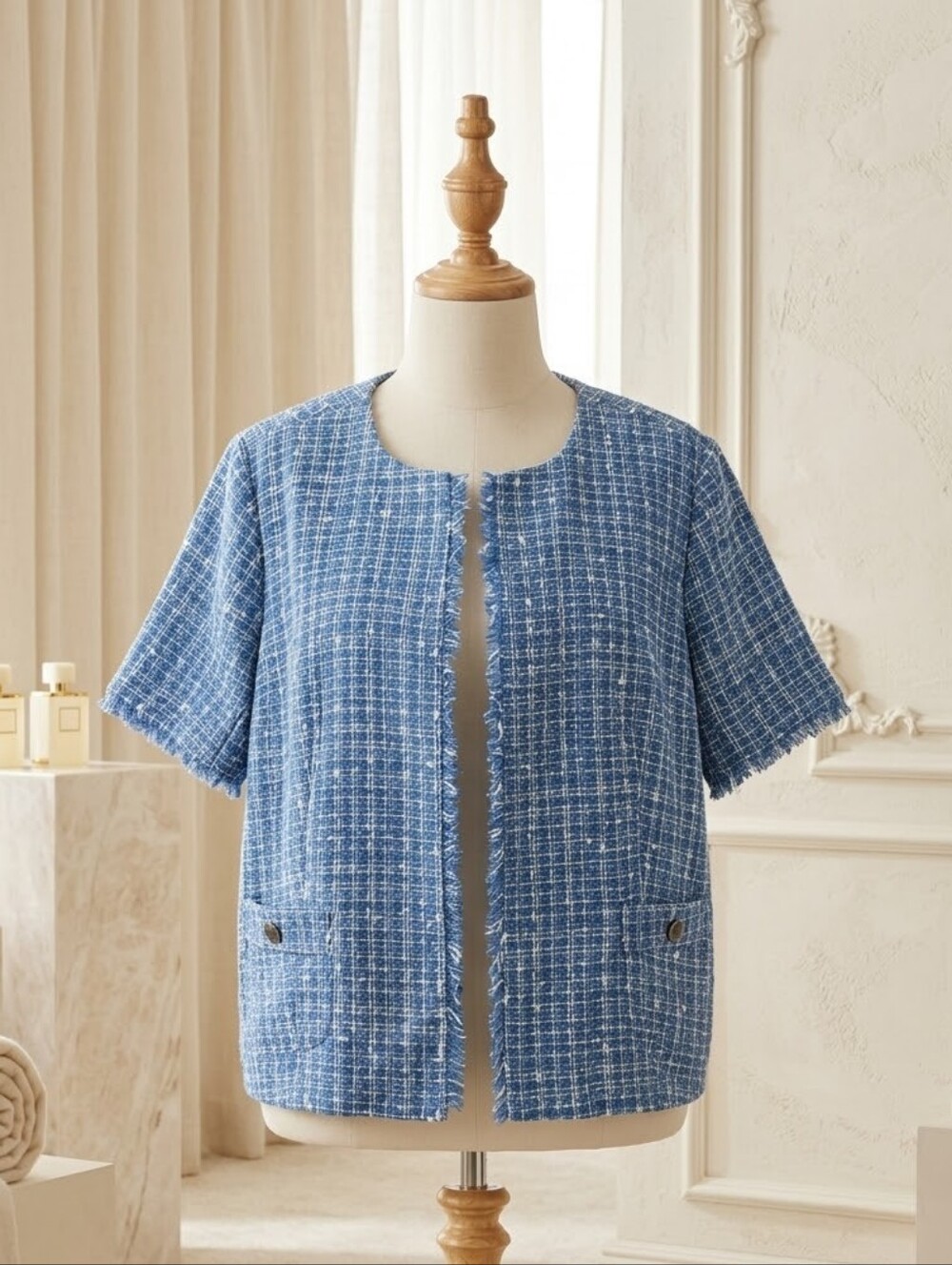 Cato Blue & White Tweed Short Sleeve Dress Jacket | Size 22W/24W